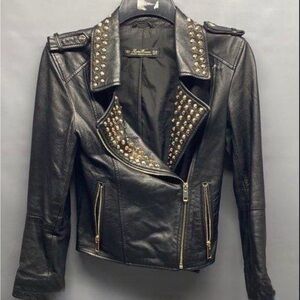 Zara Premium Limited Ed. Lambskin Black/Gold Studded Moto Jacket. Size XS